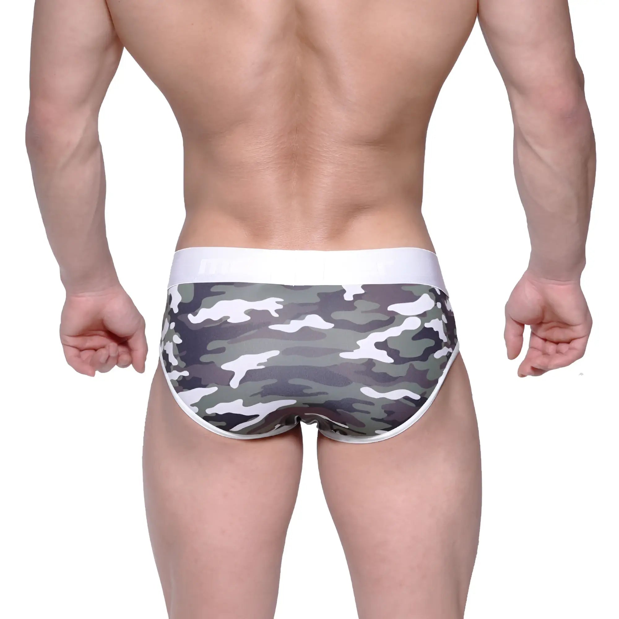 Gray and white camouflage patterned briefs with solid white waistband from metromalewear bright brief green camo 6106-39