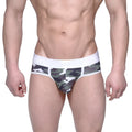 Mens camouflage-patterned briefs with white elastic waistband metro malewear bright brief green camo 6106-39