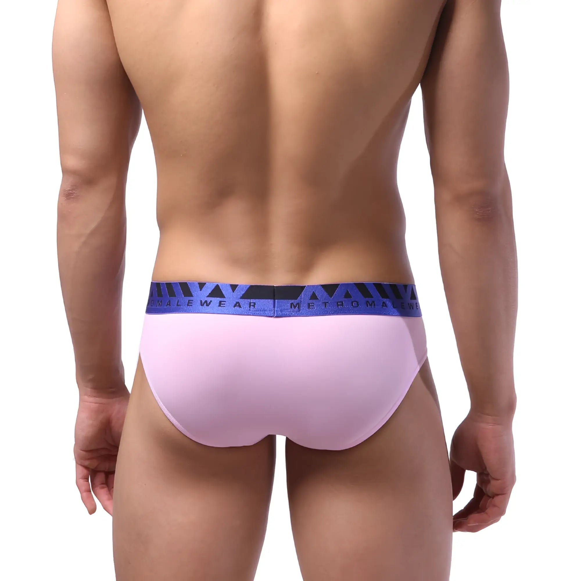 Pink metro malewear men’s briefs with blue and black branded waistband comfortable bright underwear