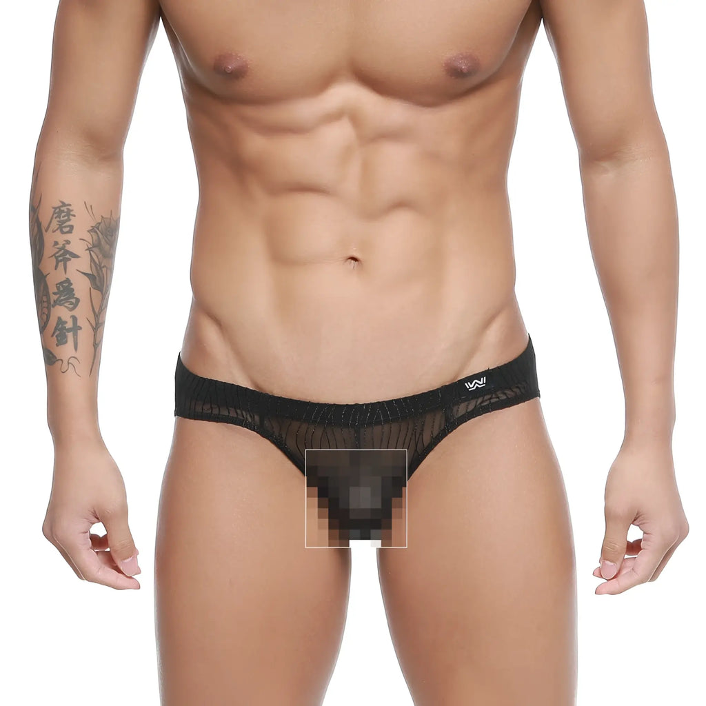 MetroMalewear Bruma Bikini 5103-M30 black sheer mesh briefs with solid waistband and white logo on front