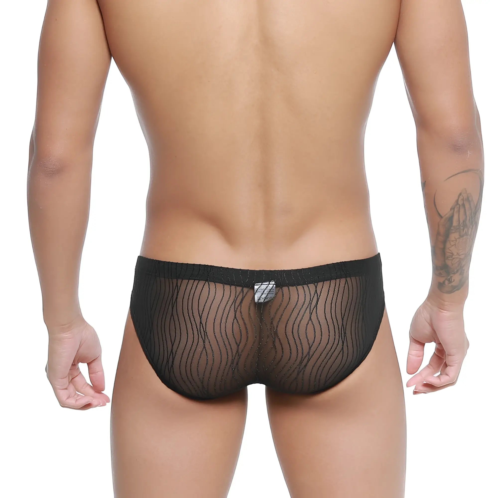 Black sheer mesh briefs with wavy pattern and elastic waistband metroMalewear bruma bikini 5103-M30 front view