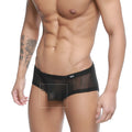 Black mesh briefs with a subtle wavy pattern and white logo on the waistband metroMaleWear Bruma trunk 2125-30