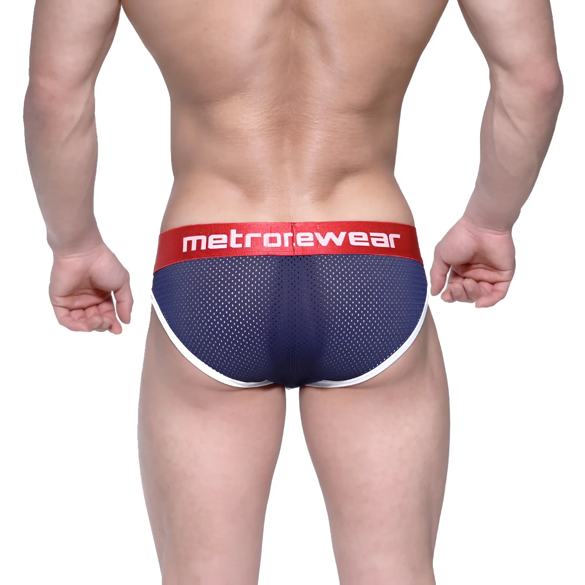 Navy blue mesh briefs with red metrorewear waistband and white trim metroMalewear bruno brief dark blue 2803-31