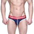 MetroMaleWear Bruno brief dark blue mesh briefs with red waistband white metromalewear branding and white trim