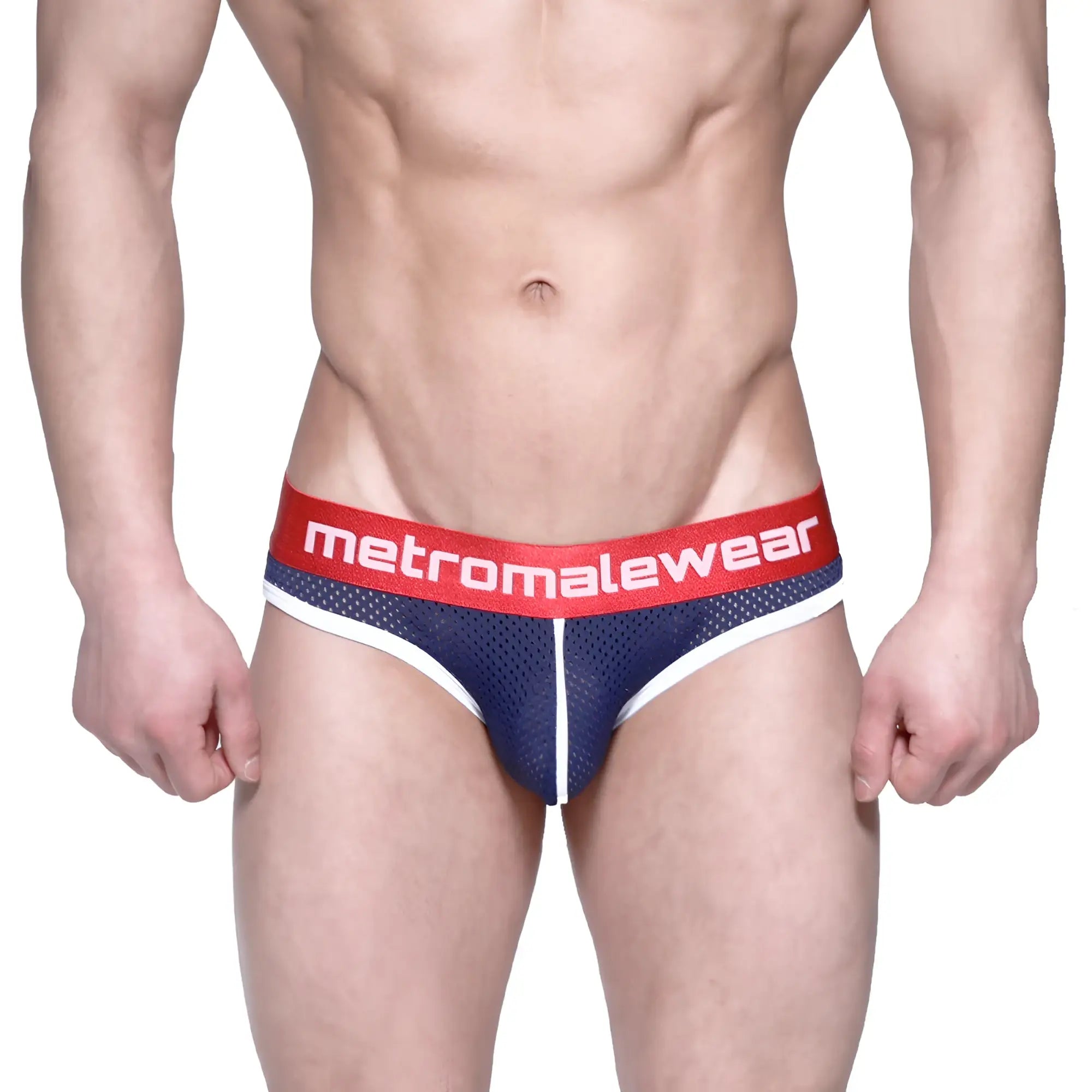 MetroMaleWear Bruno brief dark blue mesh briefs with red waistband white metromalewear branding and white trim