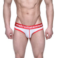 White mesh briefs with red trim and bold metromalewear logo on waistband metroMalewear Bruno Brief Red 2803-30