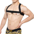 Black m2w branded MetroMaleWear brutal harness with adjustable straps and central metal ring for chest use