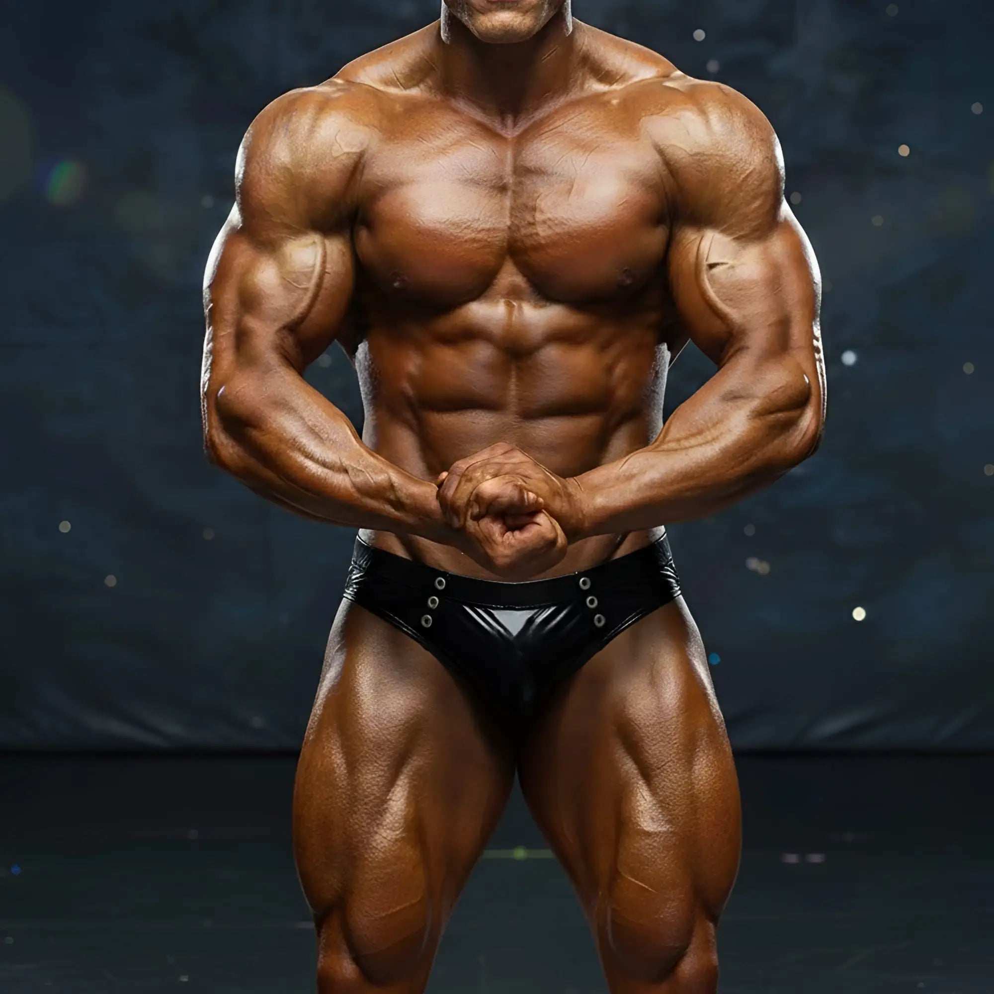 A muscular bodybuilder wearing black shiny MetroMaleWear BSD Swim Brief 4914-33 with silver grommets