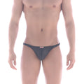 Black mesh briefs with a red and white MetroMaleWear brand tag on the waistband for a sleek buckle bikini look
