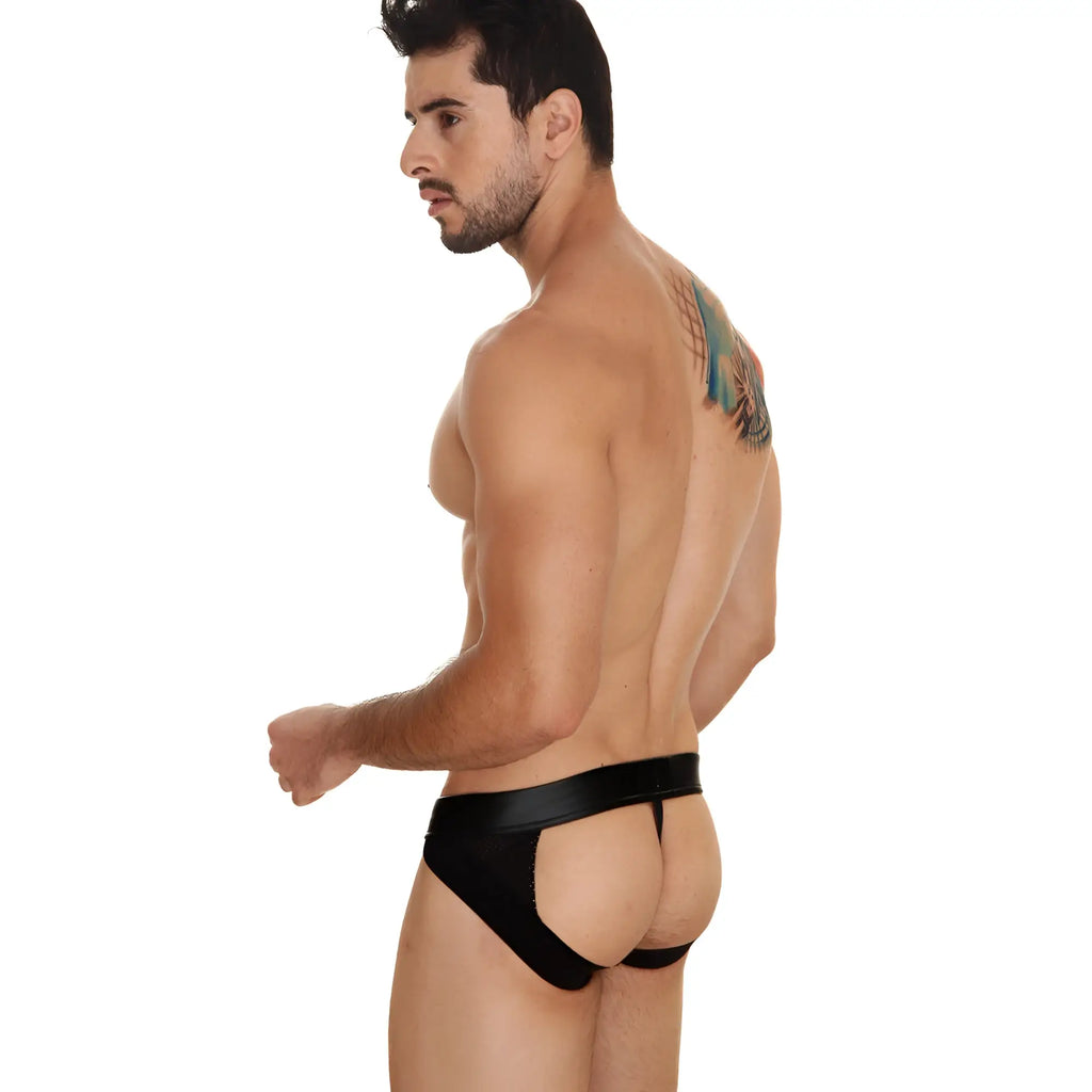 Black leather-like briefs with a wide waistband and cutout design from MetroMaleWear Buffalo Jock Strap 2001-72