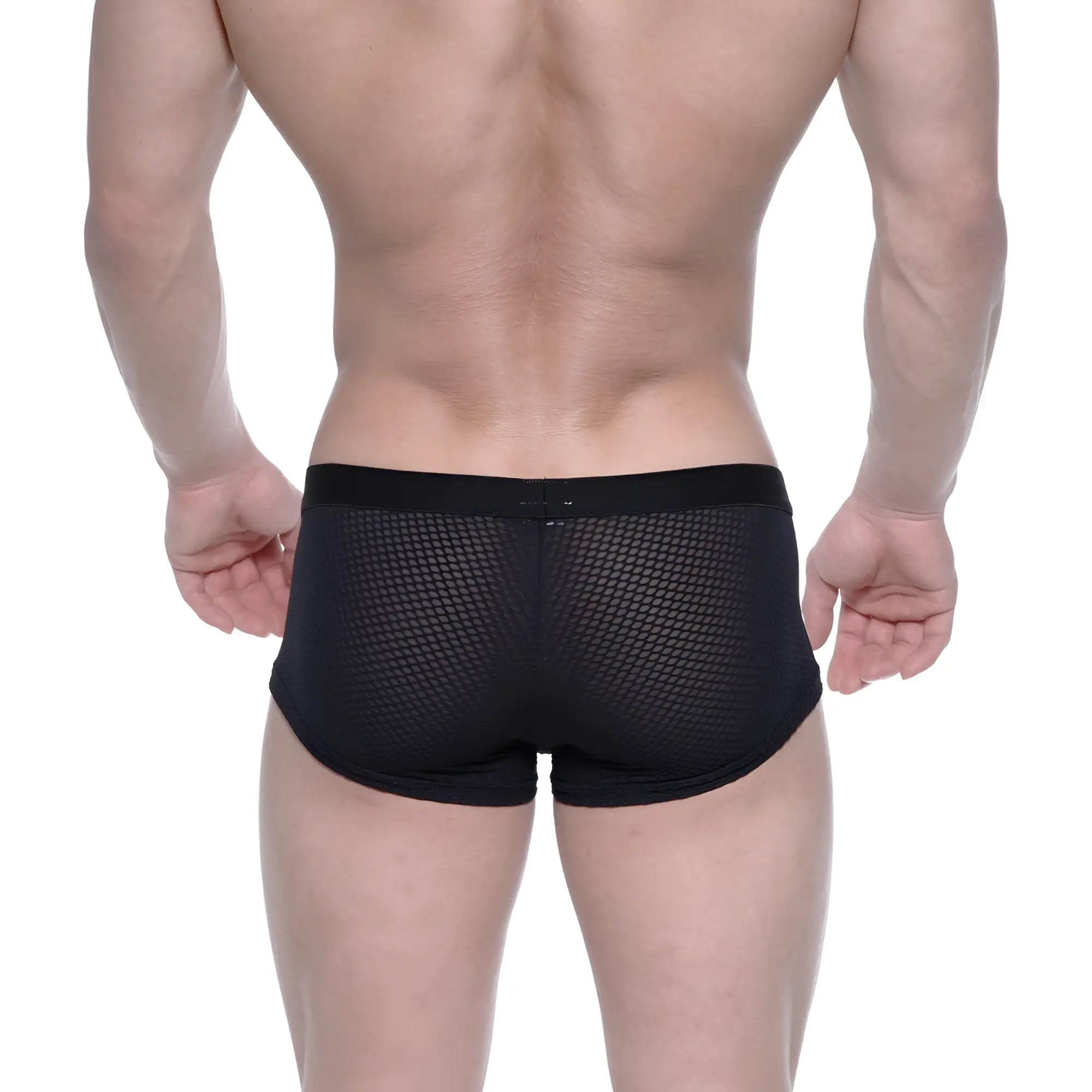 Metro male wear bulge boxer black mesh briefs with solid black elastic waistband front view