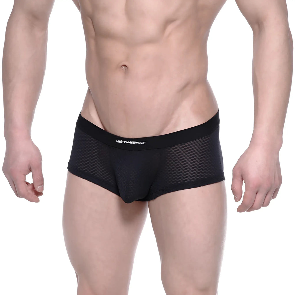 Black mesh MetroMaleWear bulge boxer briefs with a solid waistband featuring the metroweave brand name