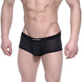 Black mesh MetroMaleWear bulge boxer briefs with a solid waistband featuring the metroweave brand name