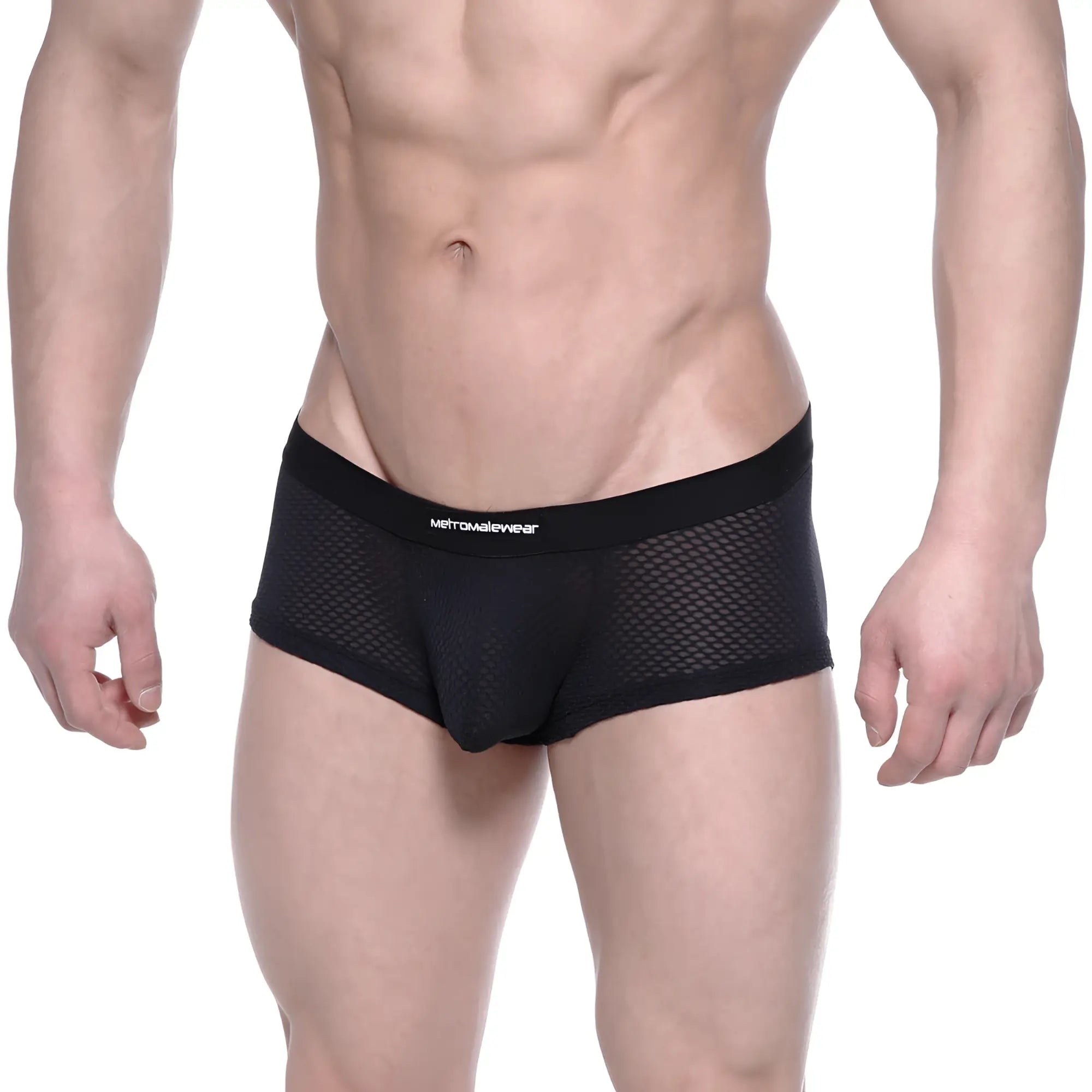 Black mesh MetroMaleWear bulge boxer briefs with a solid waistband featuring the metroweave brand name