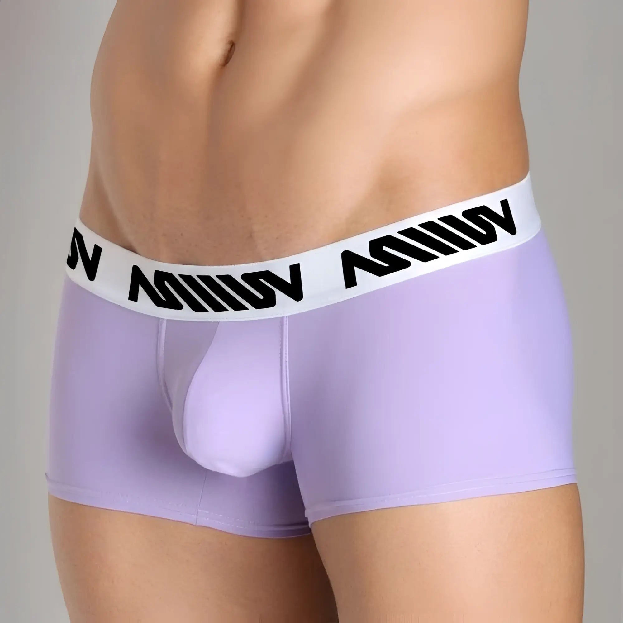 Lavender men’s briefs with white elastic waistband featuring black stylized lettering from MetroMaleWear Bulge Boxer 3013-19