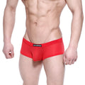 Red mesh bulge boxer briefs with a black waistband and metomalewist brand label by metromalewear