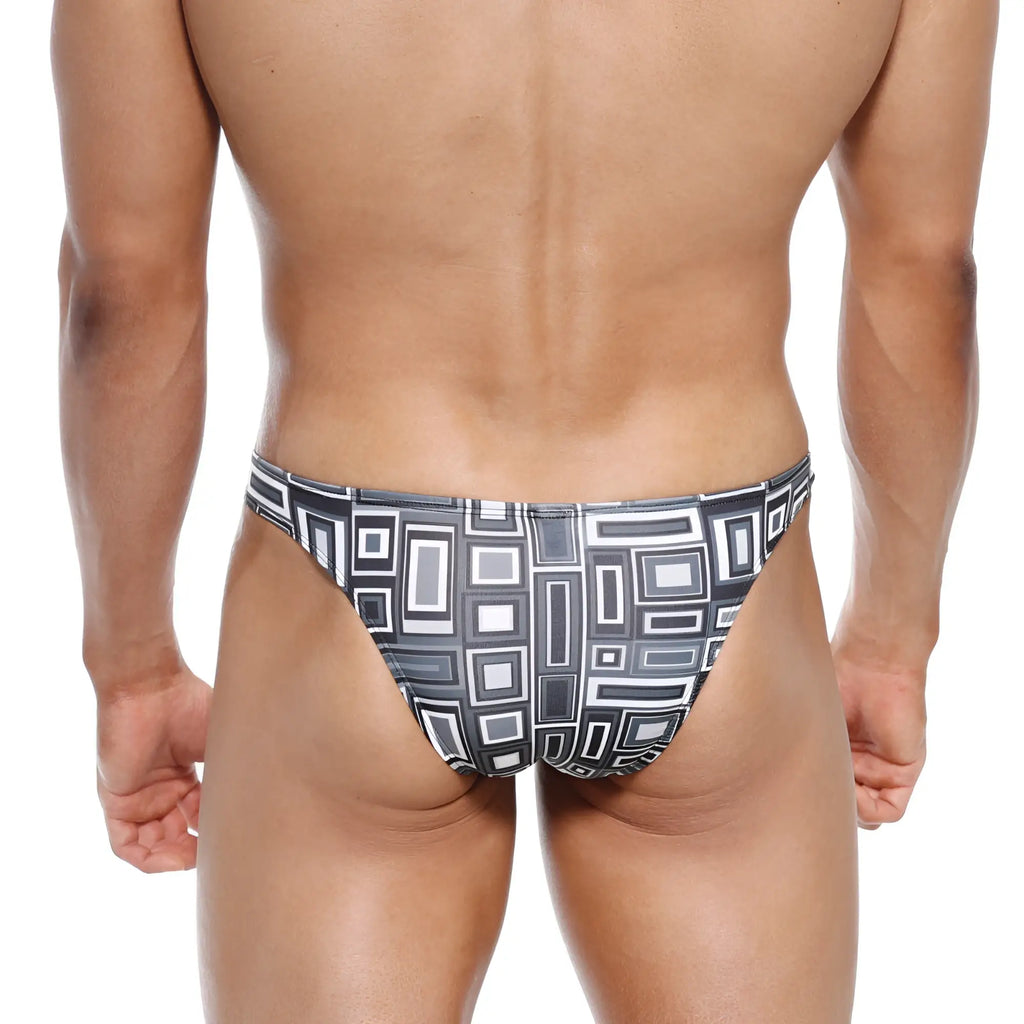 Black and gray geometric patterned swim trunks with modern minimalist design by MetroMaleWear Basalto 6104-23