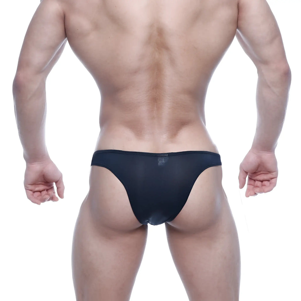 Black sheer mesh metroMaleWear bulge capri bikini briefs showing the back side in black 6104-20