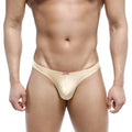 Beige metallic fabric briefs with subtle sheen and red logo waistband from metromalewear bulge capri bikini gold 6104-21