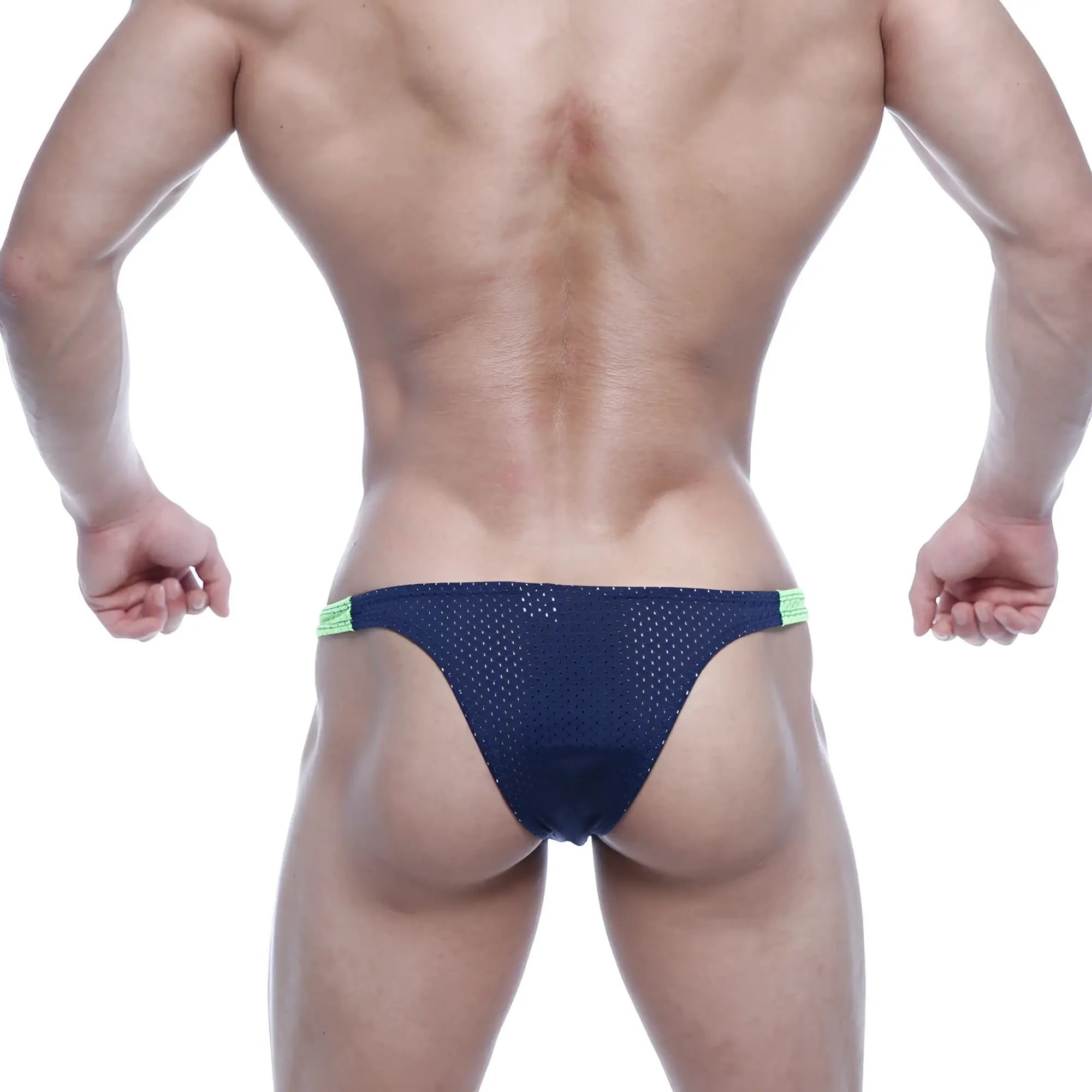 Navy blue mesh bulge capri bikini briefs with neon green trim from metromalewear model 6104-31 showing front view