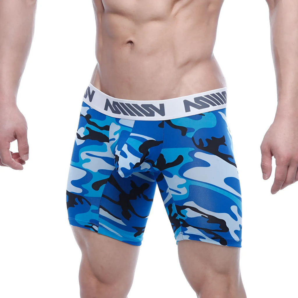 Blue and black camouflage metroMalewear bulge midcut boxer briefs with white elastic waistband and million branding