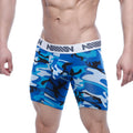 Blue and black camouflage metroMalewear bulge midcut boxer briefs with white elastic waistband and million branding