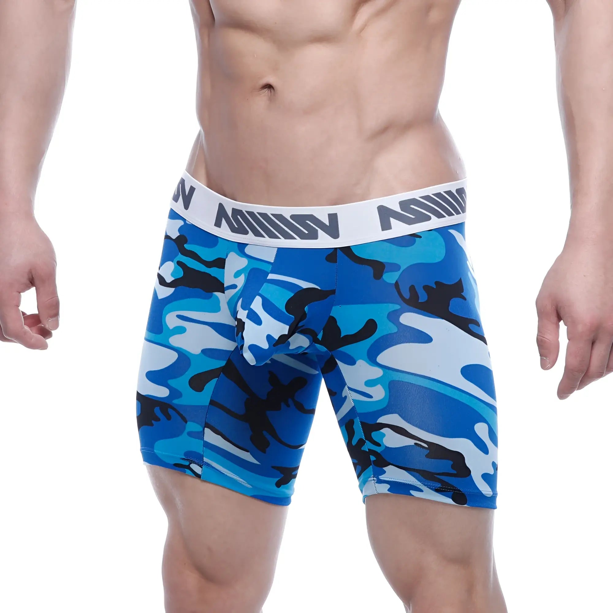 Blue and black camouflage metroMalewear bulge midcut boxer briefs with white elastic waistband and million branding