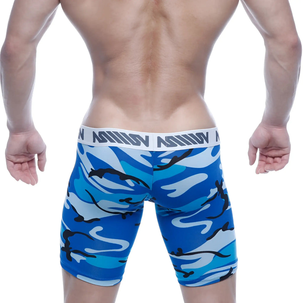 Metro male wear bulge midcut boxer camo 8023-60 blue and white camouflage men’s boxer briefs with black accent and branded waistband