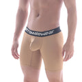 Beige men’s boxer briefs with a black waistband and aeromalewear logo from MetroMaleWear bulge midcut boxer gold 8023-21