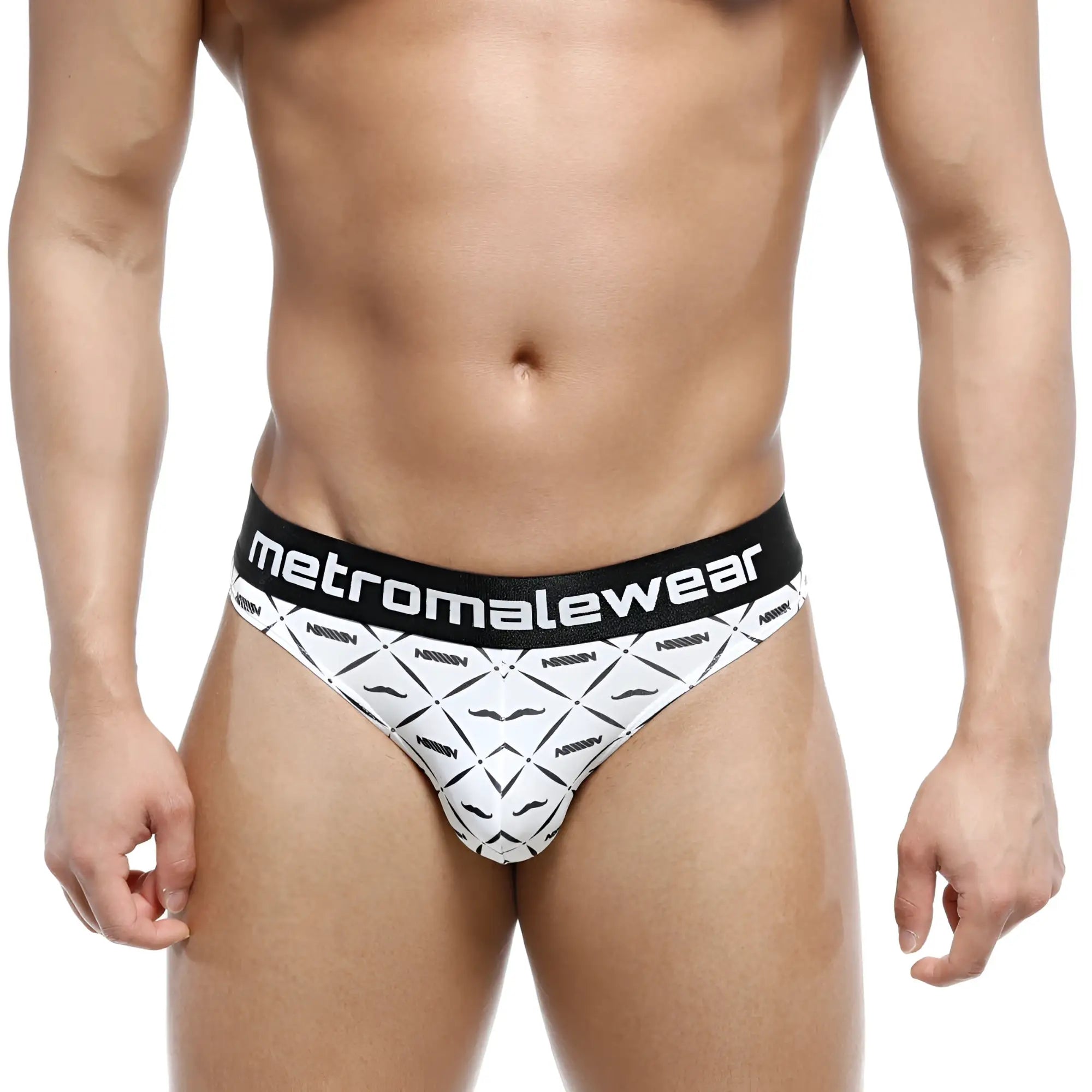 White briefs with black waistband and mustache pattern showing the back side from metromalewear caballero bikini