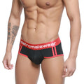 Black and red MetroMaleWear Cairo brief with bold metromalewear logo waistband designed for athletic wear