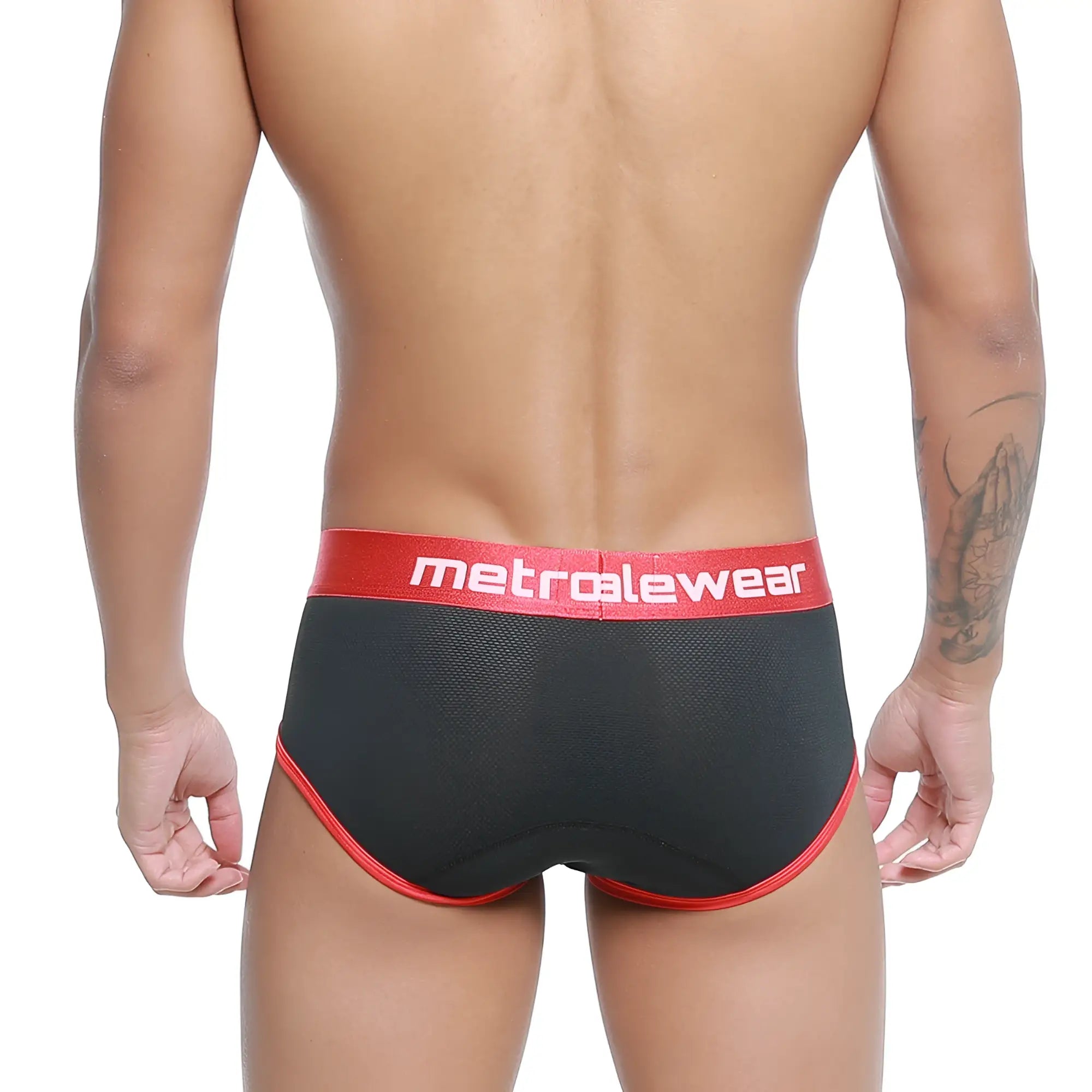 MetroMaleWear Cairo brief black 5106-20 in black and red with mesh texture and elastic waistband front view