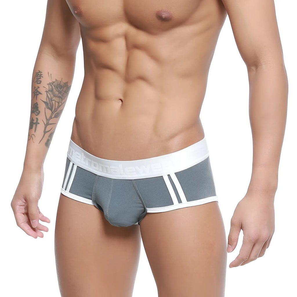 Gray MetroMaleWear Cairo athletic briefs with white trim vertical stripes mesh texture and women embroidered waistband