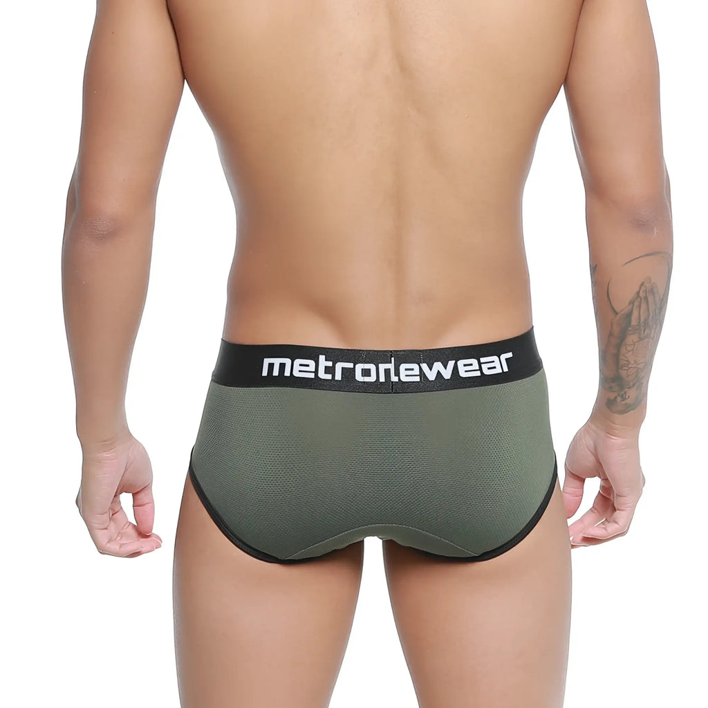 Olive green mesh briefs with black metrowear branded waistband metro malewear cairo brief 5106-26 front view