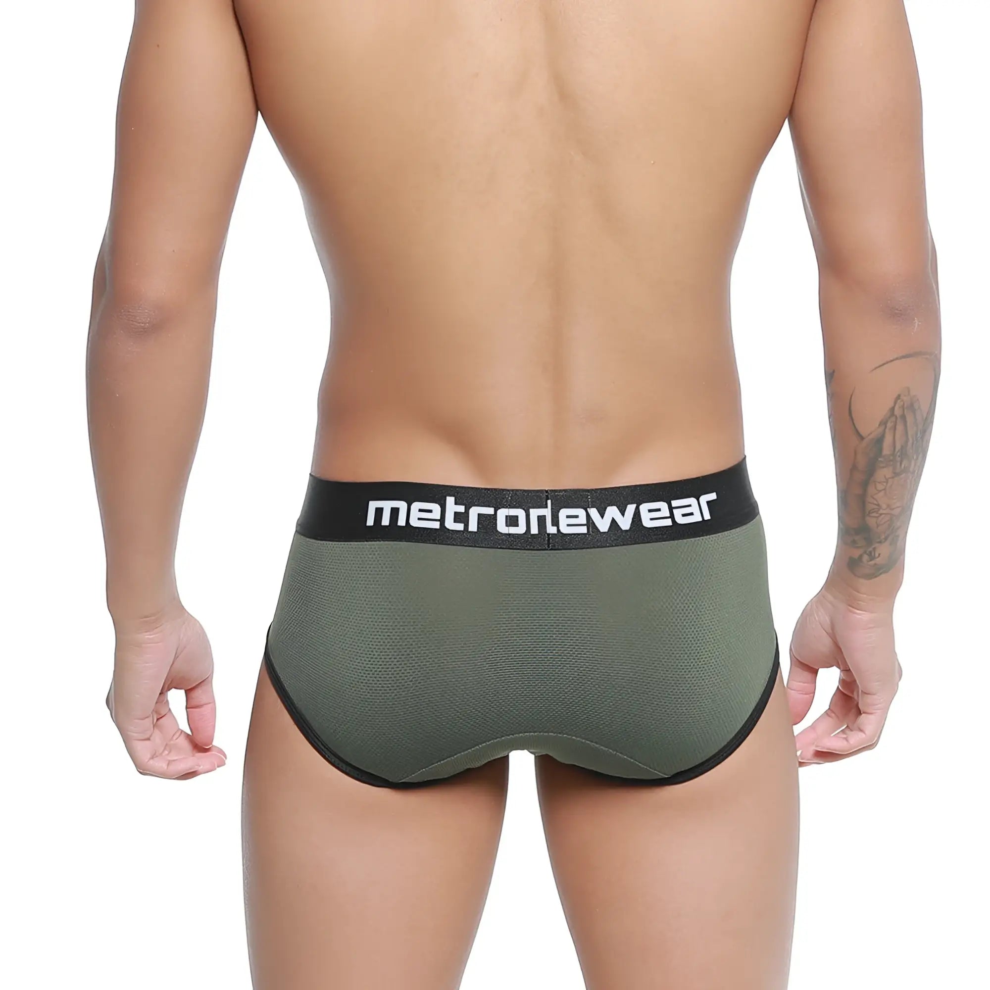 Olive green mesh briefs with black metrowear branded waistband metro malewear cairo brief 5106-26 front view