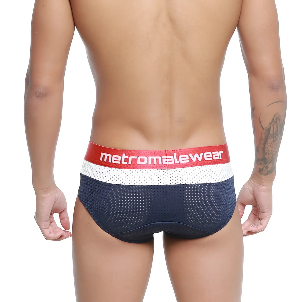 Navy blue mesh briefs with red and white metromalewear logo waistband metro malewear cairo brief 5106-28