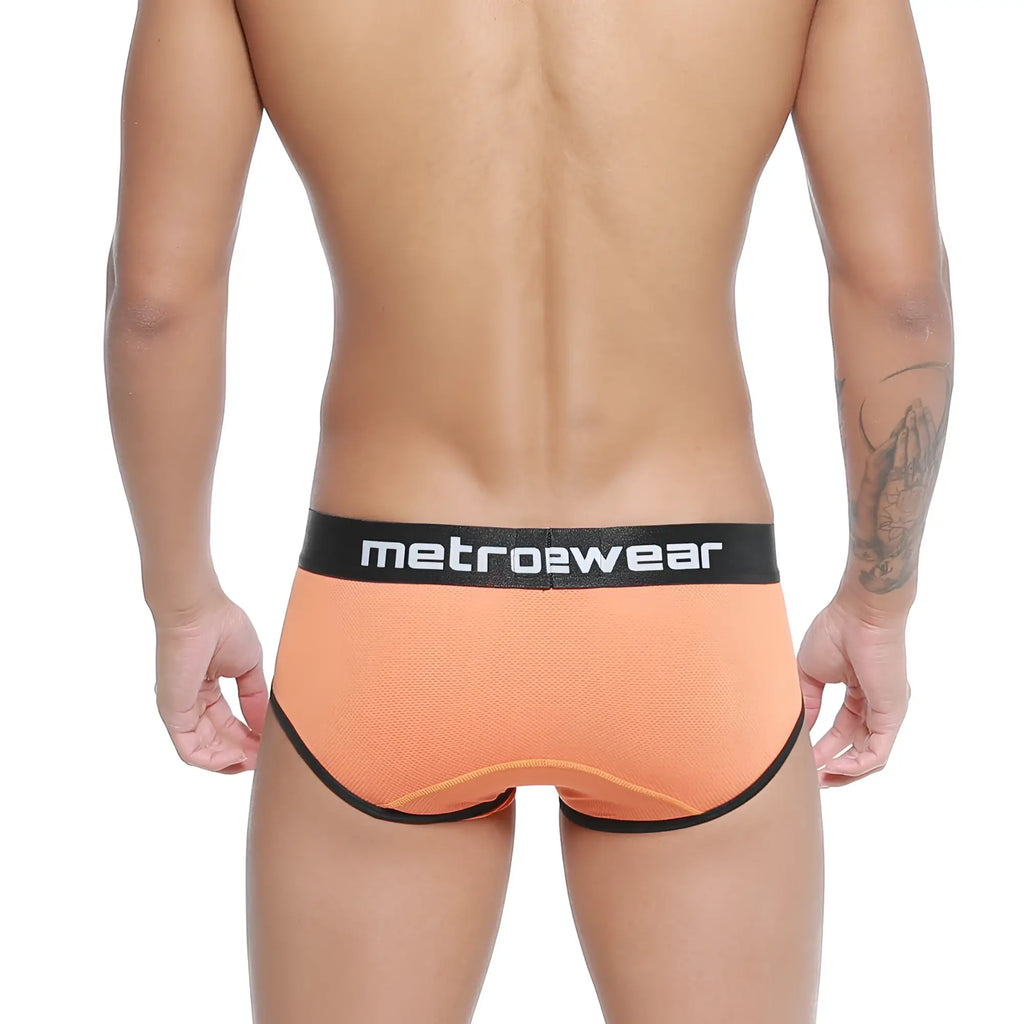Orange mesh briefs with black elastic waistband and trim featuring metrowear branding metroMalewear cairo brief 5106-14