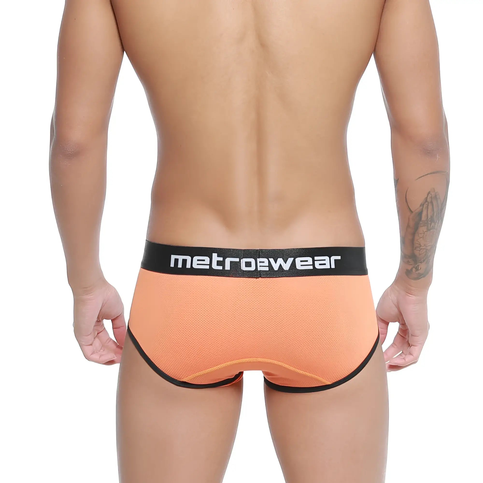 Orange mesh briefs with black elastic waistband and trim featuring metrowear branding metroMalewear cairo brief 5106-14