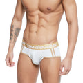 White mens briefs with gold trim and etromalewear brand name on waistband metro malewear cairo brief 5106 00