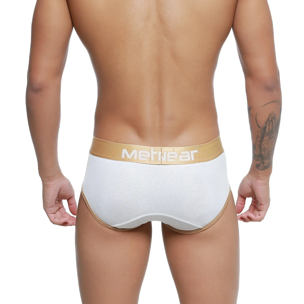 White metwear briefs with gold waistband and trim from metromalewear cairo brief 5106-00 collection