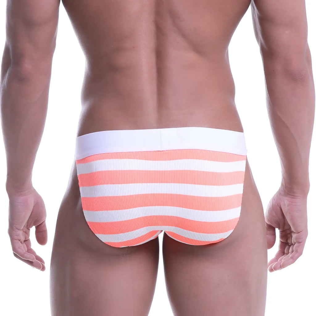 MetroMalewear coral and white striped ribbed briefs bikini neon orange 3004-04 with a comfortable fit