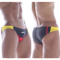 Black and yellow swim trunks with red accents and agnix branding in sleek design from MetroMaleWear California bikini line