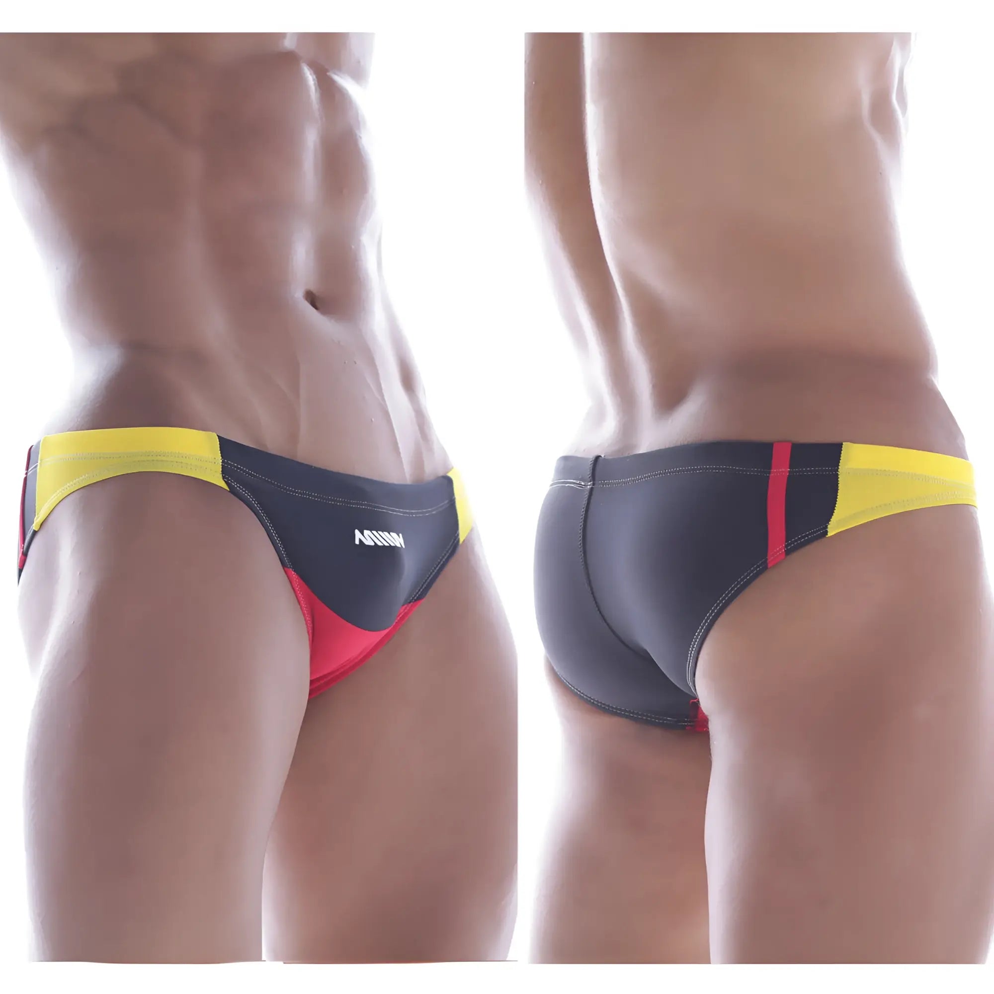 Black and yellow swim trunks with red accents and agnix branding in sleek design from MetroMaleWear California bikini line
