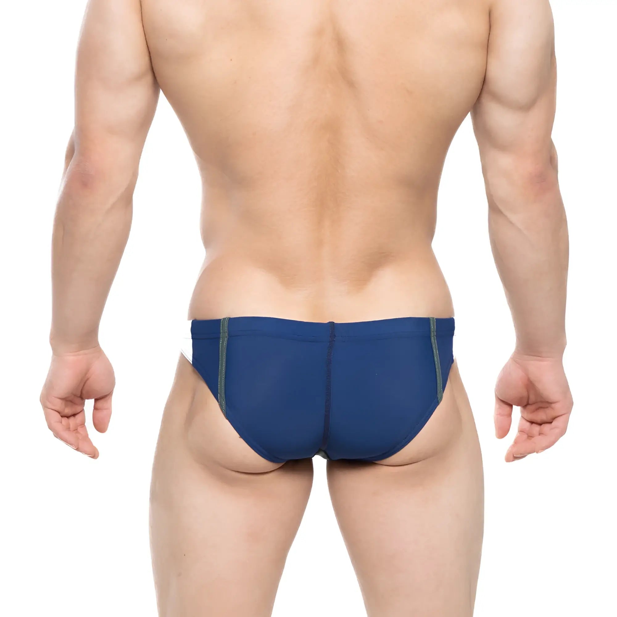 Navy blue swim trunks with green side stripes from MetroMaleWear California swim bikini 4921-26 designed for swim use