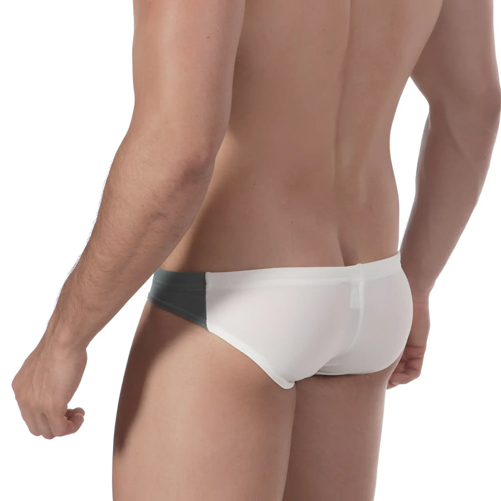 Metro male wear california swim bikini ivory briefs in white and dark gray sheer fabric design