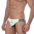 MetroMaleWear California swim bikini ivory 4921-05 with white gray and navy blue swim trunks and drawstring waistband