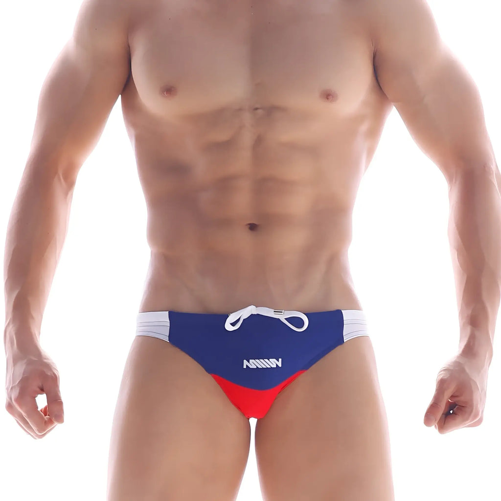 MetroMaleWear California swim bikini navy 4921-28 with blue and red trunks, white side panels, and matching drawstring