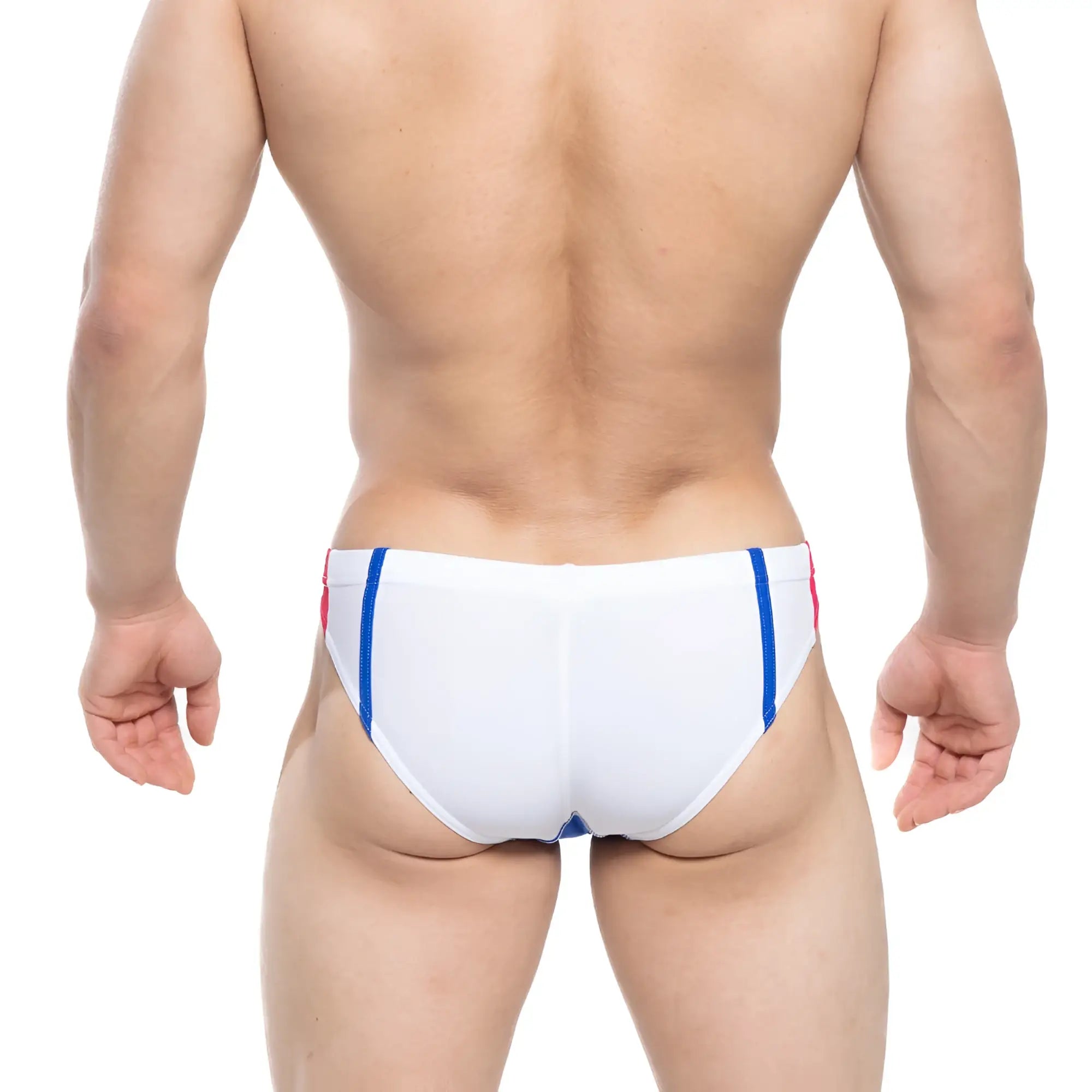 White swim trunks with blue and red side stripes from MetroMaleWear California swim bikini royal 4921-03