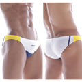 MetroMaleWear California swim bikini white 4921-00 features sleek white yellow and navy blue swim trunks design