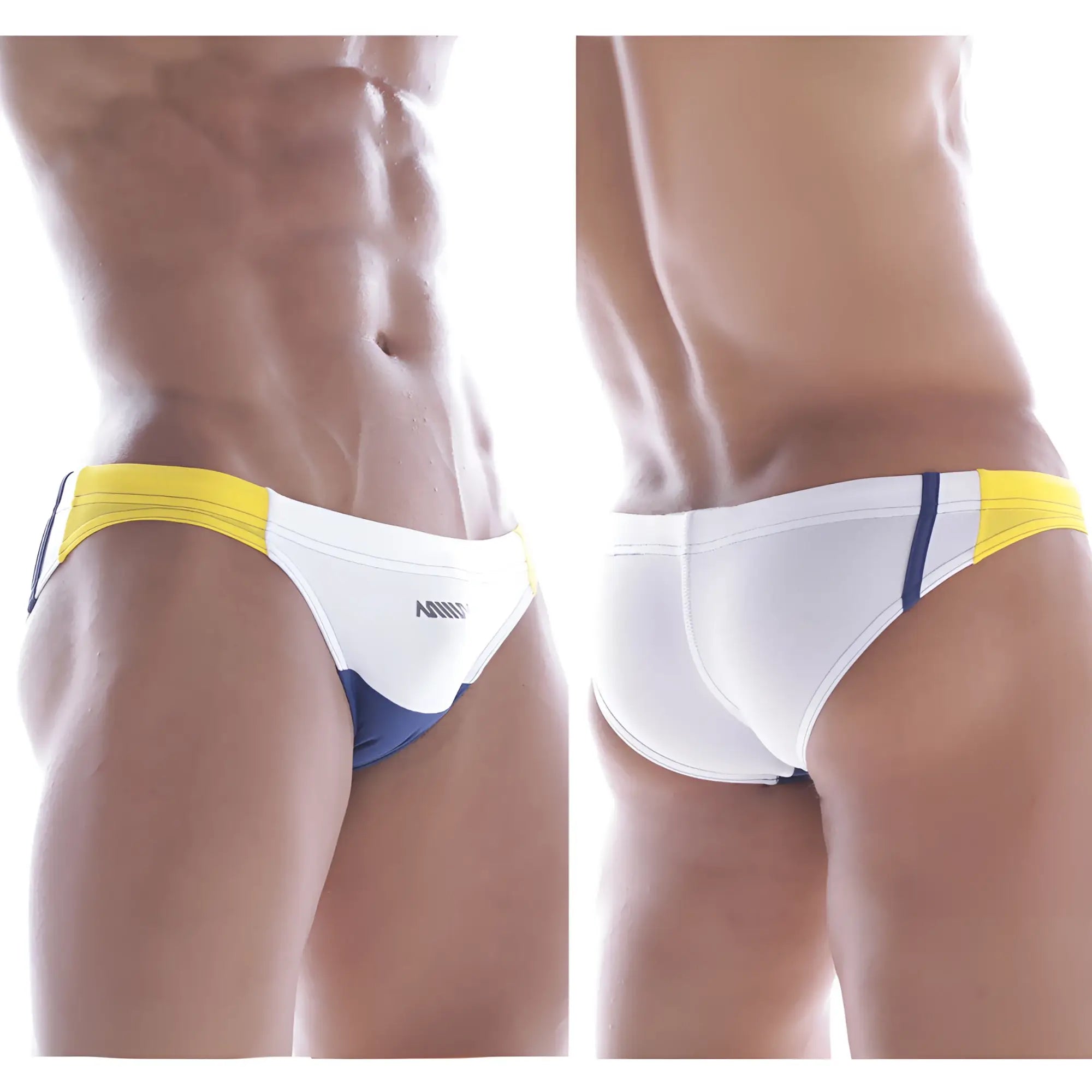 MetroMaleWear California swim bikini white 4921-00 features sleek white yellow and navy blue swim trunks design